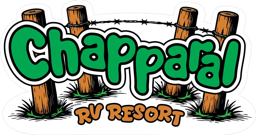 Chapparal RV Resort logo with green text and wooden fence posts linked by barbed wire.